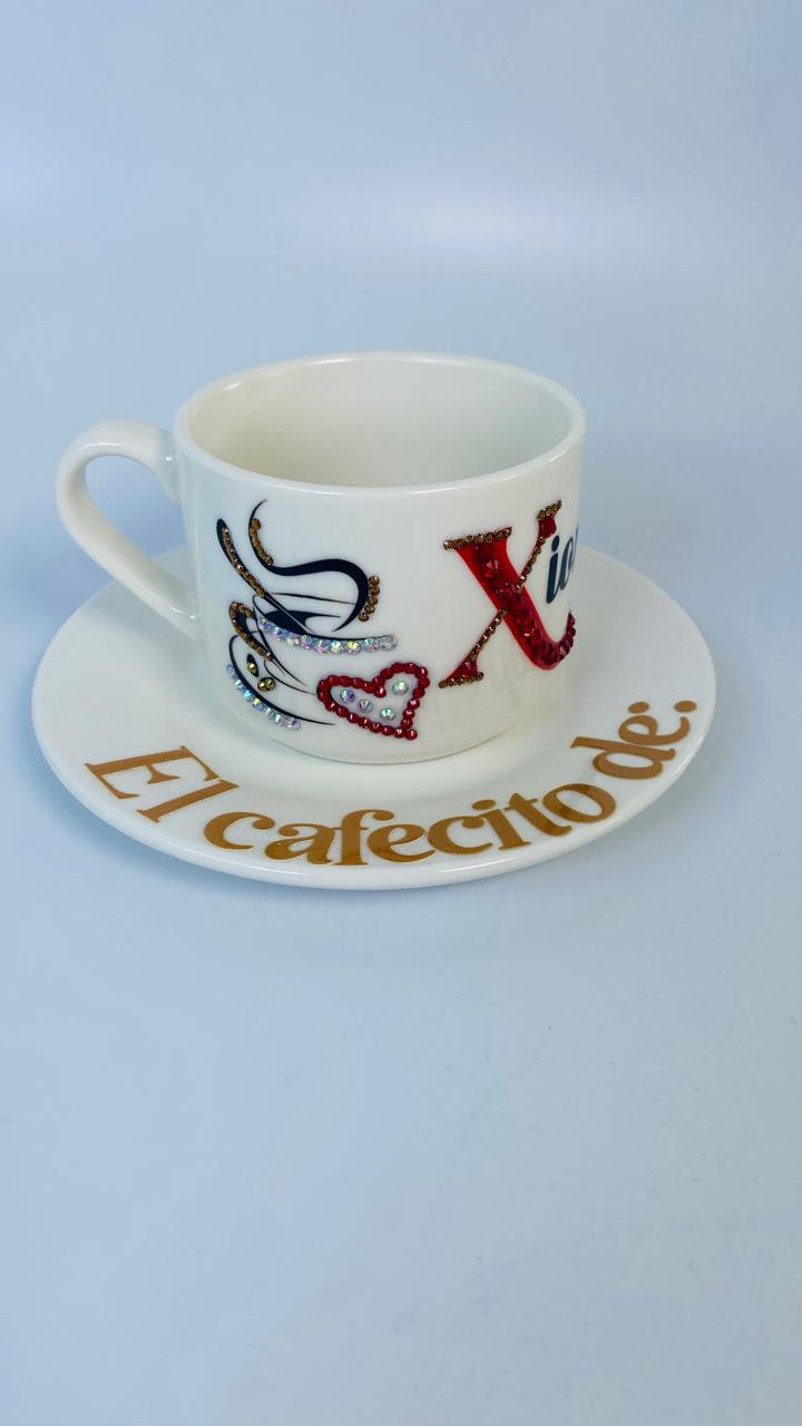 Taza con Platillo Cafe y Rosa