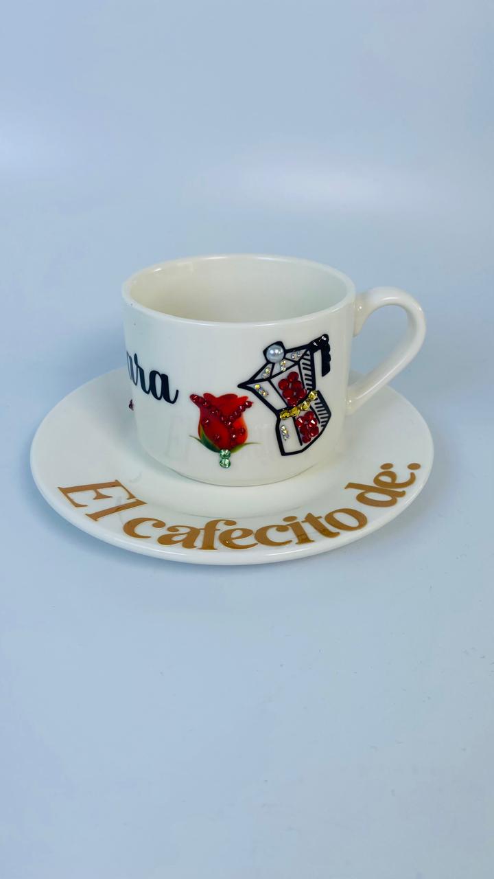 Taza con Platillo Cafe y Rosa 2