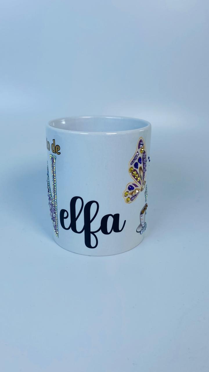 Taza Blanca Mariposa lila y Cafe 2